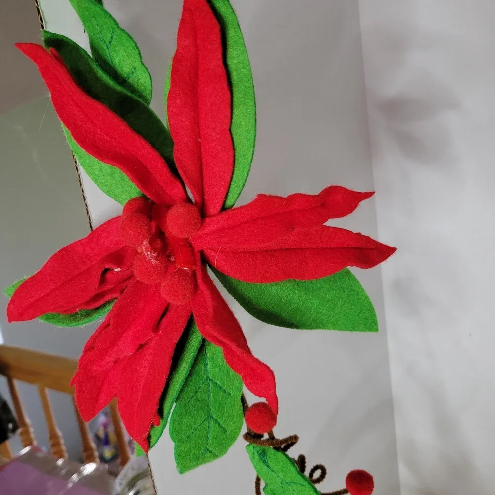 Red Felt Poinsettia Christmas Garland Holiday Mantel Decor Floral Vine 6ft